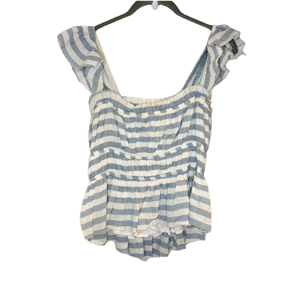 Luca + Grae Blue White Striped Smocked‎ Ruffle Peplum Crop Tank Nautical Coastal